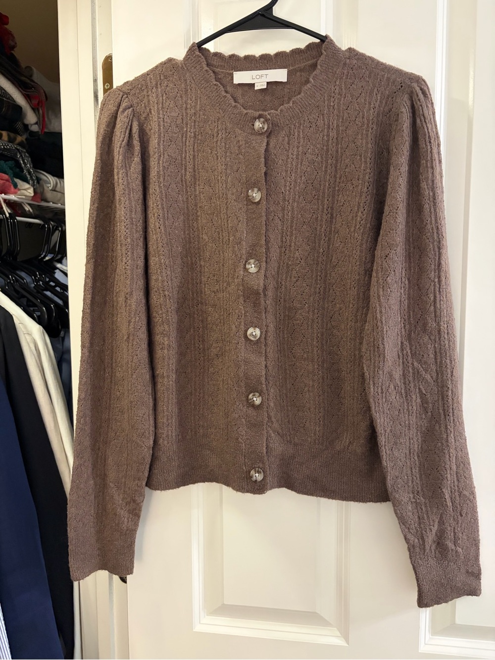 LOFT Taupe Scallop-Neck Cable Knit Cardigan